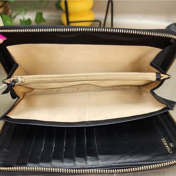 Authentic Chanel Lambskin Camellia Embossed Zip Around Organizer Wallet Black - Picture 13 of 17
